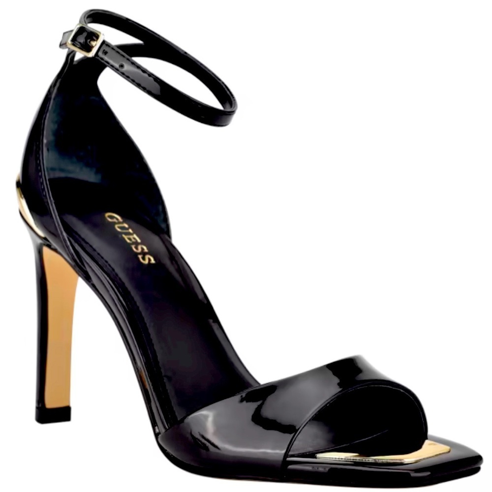 GUESS Divine Heeled Dress Sandals Size 10 M in Black Gold Leather AUTHENTIC NEW